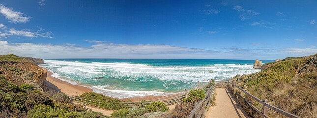 Panoramic view over them rugged cliffs along the Great Ocean Road in the South Australian state of...