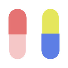 Two colored medicinal capsules. Medicines or dietary supplements for treatment. Healing drugs. Disease control. Pills icons in trendy flat style. Pharmaceutical medicine, healthcare and medicaments