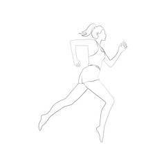 Fototapeta na wymiar Running woman line art. Silhouette of a lady. A woman is running or jumping in shorts and a tank top. Black and white vector illustration.