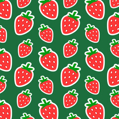 Juicy strawberries. Stylized berry pattern on a green background. Summer vector illustration.

