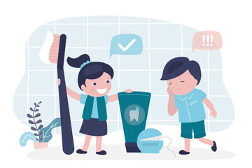Boy with toothache asks for help. Girl recommends brushing teeth daily and maintaining oral hygiene