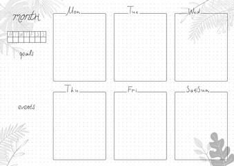 Printable A4 paper sheet, minimalist  bullet journal page with blank week planner, goals, events on tropical leaves background. Stylish planner for daily planner template, blank for notebook.
