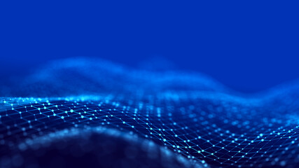 Futuristic blue background with intertwined dots. Lots of data. Musical flow of sounds. 3D rendering.