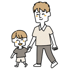 手を繋いで歩いているパパと男の子のイラスト