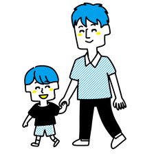 Fototapeta premium 手を繋いで歩いているパパと男の子のイラスト