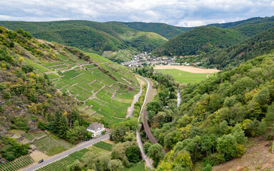 Fototapeta na wymiar Ahr Valley, Rheinland-Pfalz, Germany. Ahr River, seen in photo, flooded in July 2021 inundating this valley