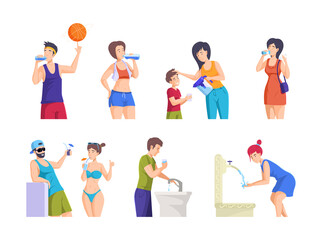 People drink water. Man woman children feeling thirst enjoy pure beverage from glass, bottle, fountain, tap, filter. Quenching thirst of people on vacation, sports training, on street