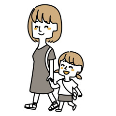 手を繋いで歩いているお母さんと娘のイラスト