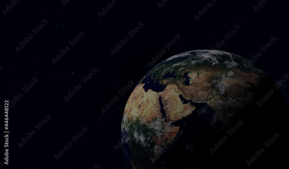Poster 3d render. earth planet view from space at night showing for scientific, space background. elements 