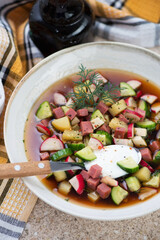 Closeup of russian cold soup okroshka with meat, potato, radish, cucumber and kvass, vertical shot, selective focus