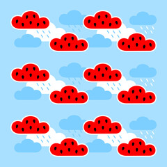 Watermelon and clouds. Pattern on a blue background. Flat vector illustration. Cheerful summer background.