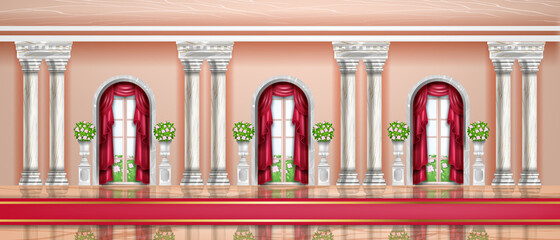 Palace interior vector background, castle royal hall, dance ballroom, arch window, marble pillars. Museum exhibition, luxury architecture indoor banner, rich classic column. Palace interior backdrop - obrazy, fototapety, plakaty