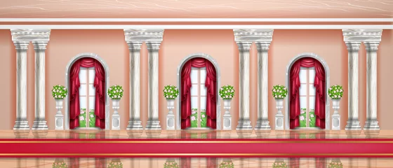 Fotobehang Palace interior vector background, castle royal hall, dance ballroom, arch window, marble pillars. Museum exhibition, luxury architecture indoor banner, rich classic column. Palace interior backdrop © Oleksandra