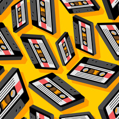 Retro cassette pattern seamless. Boombox cassette for tape recorder background.