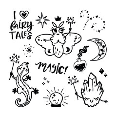 Childish magic nocturnal doodle line elements set. Perfect for girls textile design.   