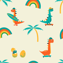 Seamless pattern with dinosaurs.  dinosaurs with skateboard and surf . Seamless pattern of cute colorful dinosaurs with sunglasses and baseball cap. Rainbow and palm tree. 