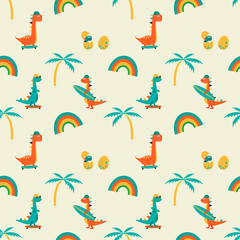 Seamless dino pattern. Seamless pattern of cute colorful dinosaurs with skeatboard and surf . Seamless pattern of cute colorful dinosaurs with sunglasses and baseball cap. Rainbow and palm tree.  