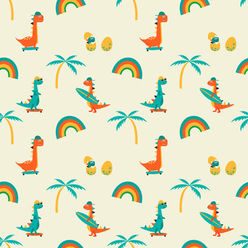 Seamless dino pattern. Seamless pattern of cute colorful dinosaurs with skeatboard and surf . Seamless pattern of cute colorful dinosaurs with sunglasses and baseball cap. Rainbow and palm tree.  