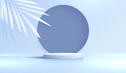 Cosmetic blue background and premium podium display for product presentation branding and packaging . studio stage with shadow of leaf background. vector design