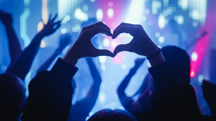 Person is Making a Heart Sign Gesture and Holding Hands Up at a Performance. Rock Band Playing a Song at a Concert in a Night Club on Stage with Bright Colorful Strobing Lights.