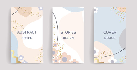Social media stories and post creative vector set. Background template with copy space for text and images, decorated with abstract flowers and shapes, line art with golden gradient, pastel colors