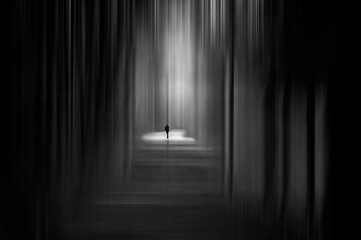 A lonely silhouette crosses a clearing in the forest, in the Cañon del Rio Lobos, Soria, Spain