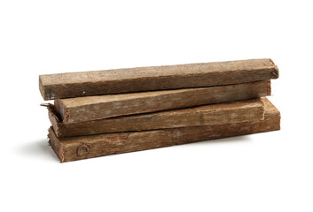 Pile of wood scrap (with clipping path) isolated on white background - obrazy, fototapety, plakaty