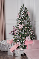 Christmas tree and white and pink decor.