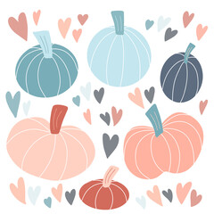Cute set of various pastel pumpkins hand drawn in simple childish Scandinavian style, colorful hearts. Vector illustration isolated on white background. Clip art for autumn fall design Thanksgiving