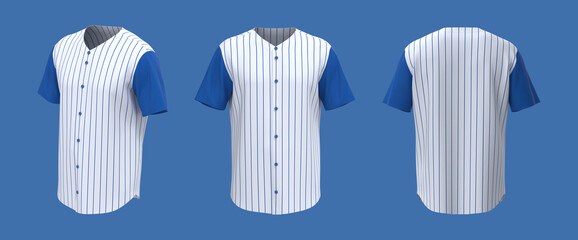 Baseball t-shirt mockup in front, side and back views, 3d illustration, 3d rendering