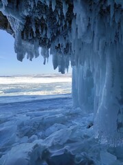 ice cave with long icicles and overlaps
