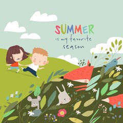 Fototapeta premium Cartoon Summer Illustration with Happy kids and Animals in Plants
