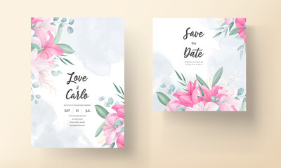 Naklejka na ściany i meble Romantic wedding invitation card with beautiful lily floral and leaves