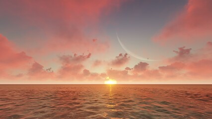 Colorful sunset and sky with pink clouds on sea 3d render
