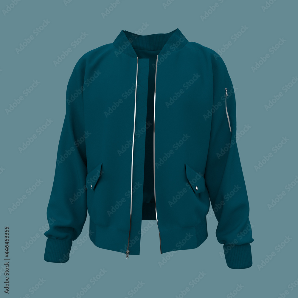 Sticker bomber jacket mockup in front view, design presentation for print, 3d illustration, 3d rendering