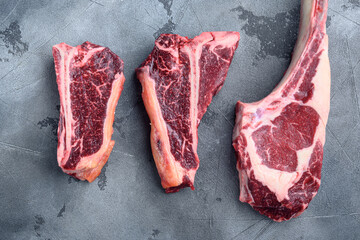 Dry aged marbled beef meat cut, tomahawk, t bone or porterhouse and club steak, on gray stone background, top view flat lay