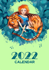 Naklejka premium Calendar for the Year of the Tiger 2022 with watercolor illustrations from the Year of the Tiger 2022 set. The set includes a cover and 12 pages with all the months of the year.