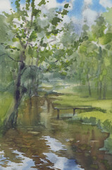 Naklejka premium A stream in the forest in spring watercolor background