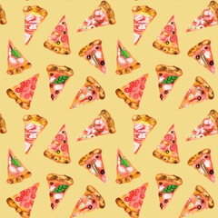watercolor delicious pieces of pizza  seamless pattern