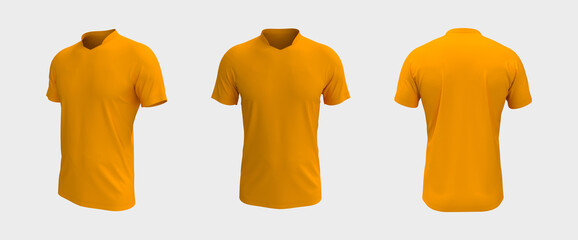 men's soccer t-shirt mockup in front, side and back views, design presentation for print, 3d illustration, 3d rendering.
