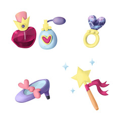 Raster 3D illustration. Set of royal accessories. Perfume bottles, the slipper, the ring, and the magic wand. Clipart.