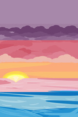 Fototapeta na wymiar Purple and pink color tone clouds and sunset sky with seascape vector illustration 