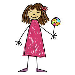 Little Asian girl in pink dress and with pink flower in her brown hair holding big multicolored lollipop Kids Drawing style vector illustration