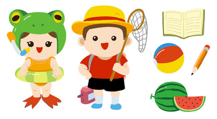 summer vacation children illustration boy girl swimming insect gathering  water play watermelon play swimsuit  straw hat trip cute 여름방학 어린이 일러스트 남자아이 여자아이 수영 벌레 채집 물놀이 수박 놀이 수영복 밀짚모자 여행 귀여운
