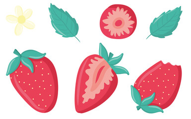 Collection of juicy strawberries, whole and bitten strawberries, a set of summer berries, a flower and leaves, a cute cartoon illustration, elements for creating designs, stationery, stickers
