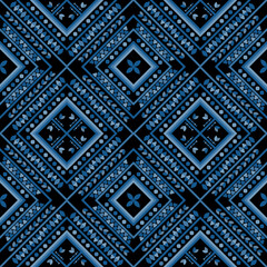 ethnics geometric blue seamless in black background for fabric