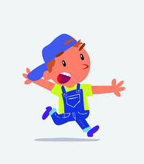 Obraz na płótnie Canvas cartoon character of little boy on jeans running angry.