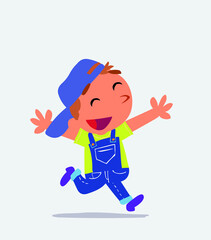  cartoon character of little boy on jeans running euphoric.