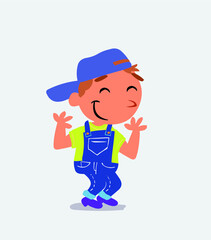  cartoon character of little boy on jeans shrinks somewhat shy.