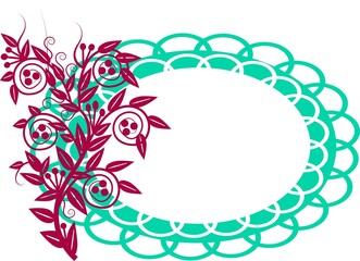 Openwork oval frame of turquoise color with a red flower plant on the left on a white background for the text of the letter, congratulations, invitations